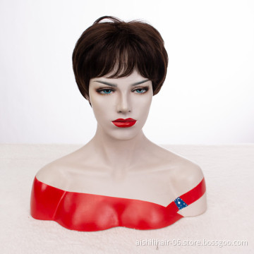 Wholesale heat resistant wig  stort dark brown fibre with natural bangs synthetic hair wig for women
